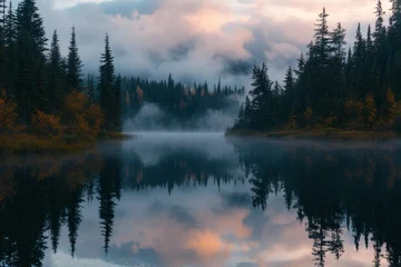 Poster Mistig bos A mountain river's waves and splashes are set against a backdrop of forest, rocks, and a dramatic sky, creating a scenic landscape of river water surrounded by wilderness, within a mountain forest  © Artem
