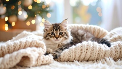 Adorable kitten nestled in a cozy blanket