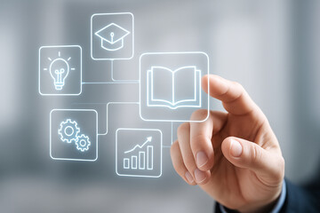 Futuristic interface for education and business with a hand interacting with digital icons. AI and technology.