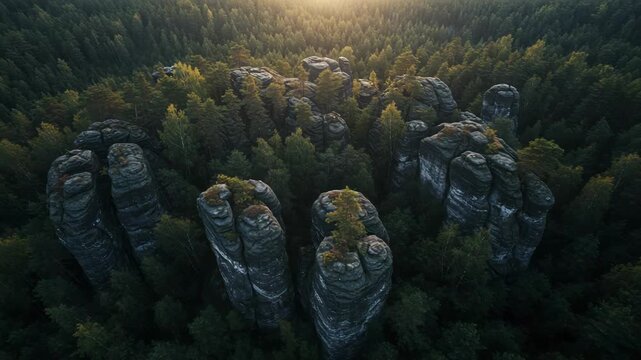 Majestic Rock Formations Rising Amidst Dense Green Forests