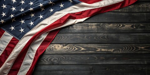 United States flag on dark wooden background – patriotic American banner with stars and stripes, rustic Independence Day or Memorial Day backdrop, USA national pride concept