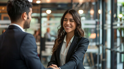 Building trust in relationship. Smiling young businesswoman exchange handshake with male client coworker standing in shared space office feel happy to meet grateful for help express respect make deal 