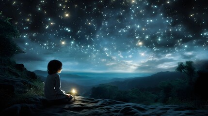 A child gazes in wonder at the twinkling stars in the night sky, embracing the beauty