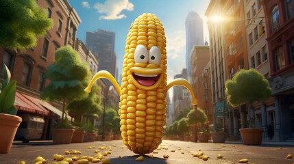 A smiling cartoon corn cob stands joyfully on a city street on a bright day.