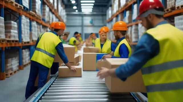 Warehouse Workers Sorting Boxes on Conveyor Belt in Logistics Operation