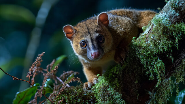 Kinkajou (Potos flavus) on Mossy Tree Branch at Night in Rainforest