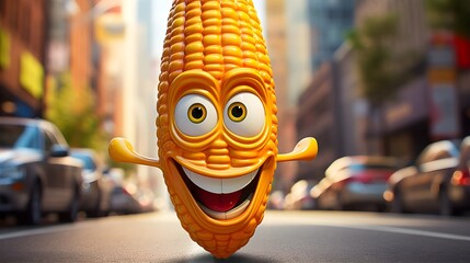 A playful cartoon corn character smiles happily in a bustling city environment.