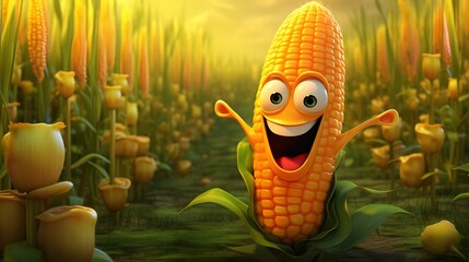 A cartoon corn character is happy in a cornfield, full of joy and sunshine.