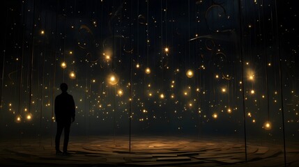 A silhouette of a person gazing at a mesmerizing display of hanging lights in a dark space.