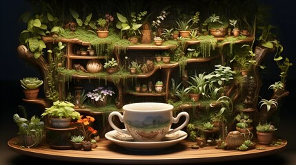 A charming miniature garden scene with a teacup, showcasing creative display and botanical elements.