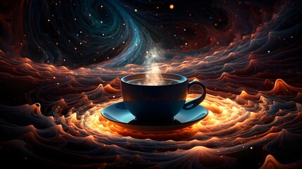 A surreal and magical scene of a teacup floating in a fiery cosmos of swirling elements.