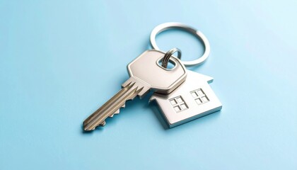 Close-up of a silver house key with a house-shaped keychain on blue background symbolizing real estate, homeownership, renting, or security concept