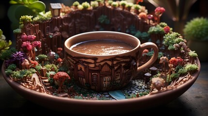 A whimsical miniature garden with a coffee-filled cup, a beautiful composition.