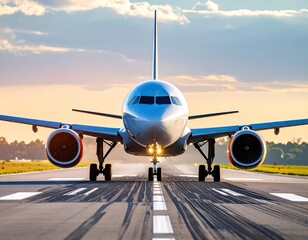Airplane taxiing on runway at sunset