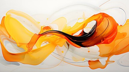 Vibrant abstract composition of swirling yellow and orange paint on white background.