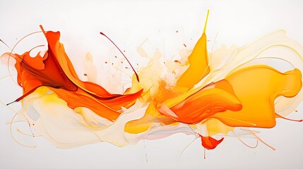 Dynamic abstract composition with bright orange and yellow paint splashes, full of energy.