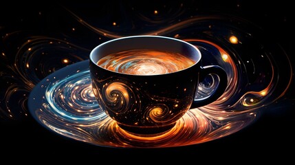 A beautiful coffee cup is adorned with a mesmerizing galaxy design, creating a surreal and cosmic atmosphere.