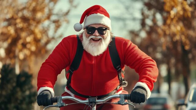 Santa Claus rides a bicycle through a festive neighborhood
