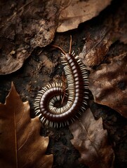 Obraz premium Close-up of a millipede crawling over fallen autumn leaves in a forest setting, showcasing nature's details