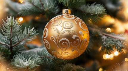 Golden Сhristmas ball on fir tree branch with bokeh lights in warm festive holiday atmosphere