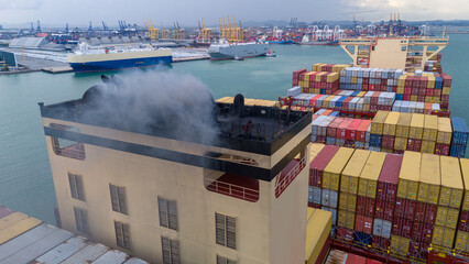 Smoke exhaust gas emissions carbon dioxide from cargo lagre ship container ship,Marine diesel...