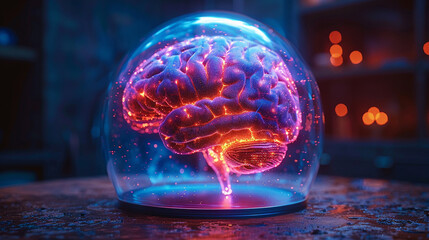 Glowing brain in glass dome, dark lab, research backdrop