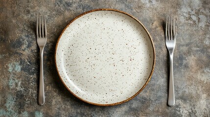 Ceramic plate with silver fork placed on textured neutral background for food presentation or fine dining flatlay concept