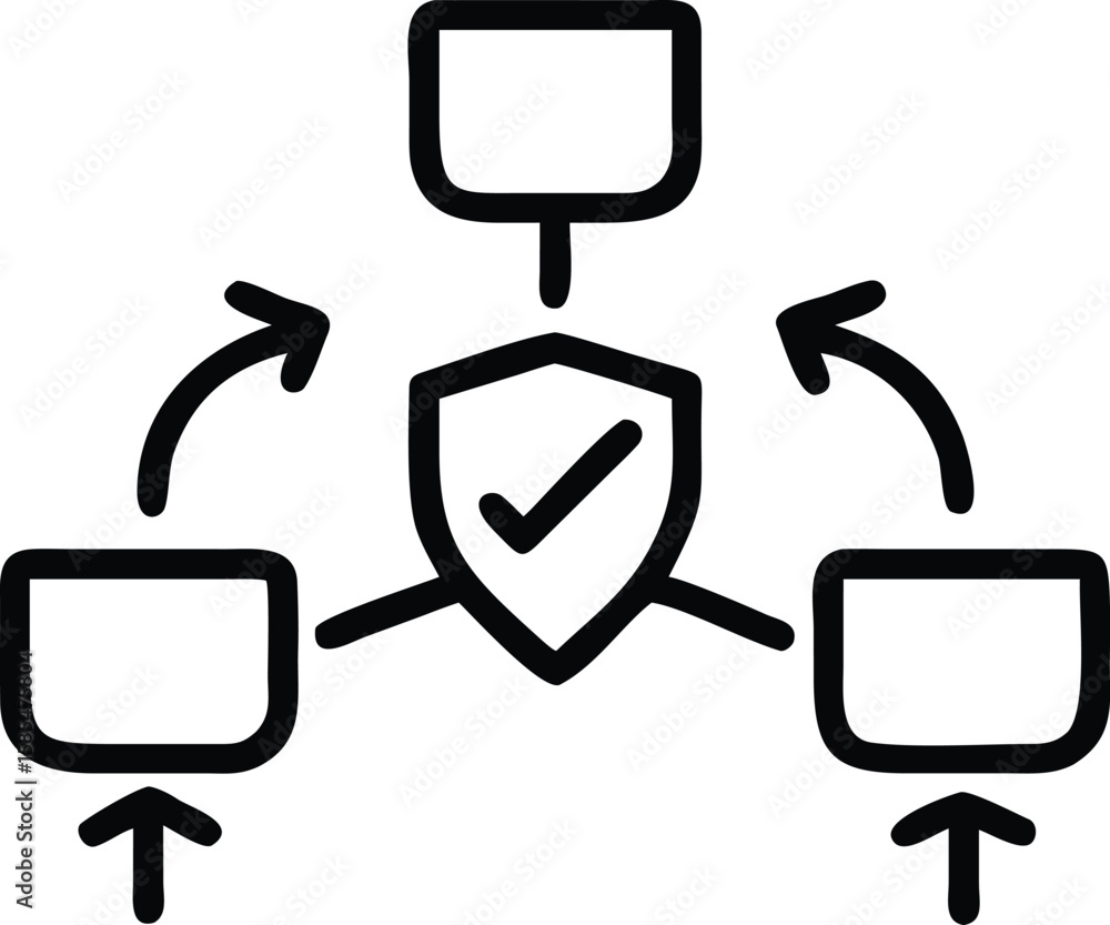 Poster data flow security icon featuring shield with checkmark and arrows in outline style