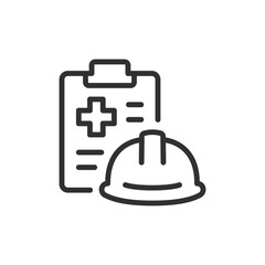 Safety helmet and medical clipboard, linear icon. Workplace health and accident insurance. Line with editable stroke.