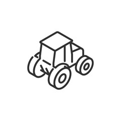 Isometric tractor turning right, linear icon. Agricultural machinery or maneuvering vehicle. Line with editable stroke.