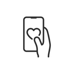 Mobile phone with heart and finger, linear icon. Like, social interaction, or digital affection. Line with editable stroke.