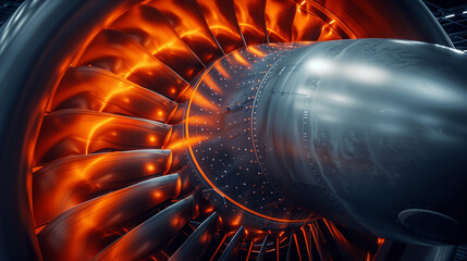 Glowing jet engine turbine blades close-up in hangar