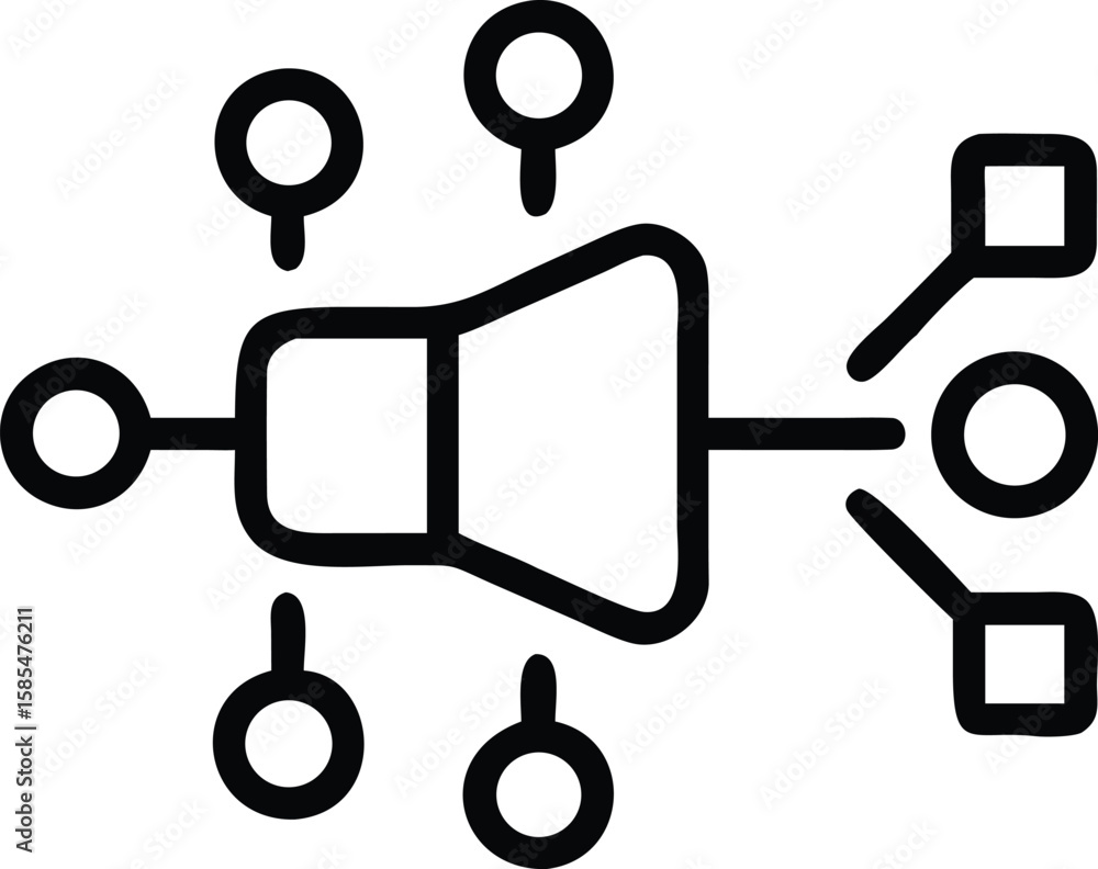 Poster data funnel outline icon with nodes connecting to sources and destinations