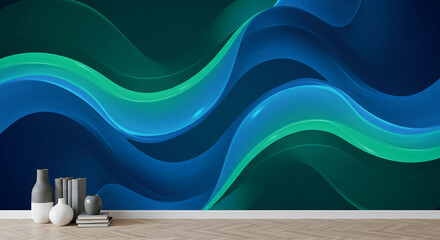 Abstract flowing waves of blue and green blend seamlessly across a dark background