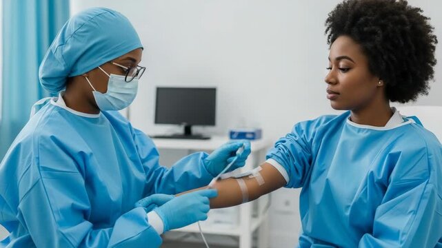 Healthcare Professional Administering IV to Patient in Clinic Setting