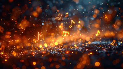 Glowing music notes on sparkling dark background for festive design