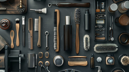 Dark Flatlay of Grooming Tools and Products  