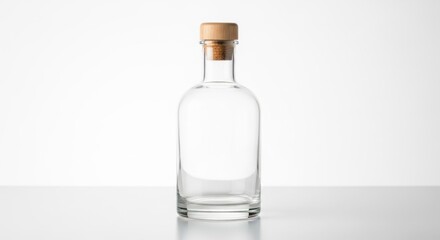 An empty clear glass bottle with a cork stopper isolated on white