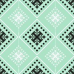 A modern indie tribal pixel pattern in mint green, black, and white. Ideal for backgrounds, fabric prints, or digital graphics.