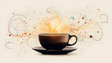 An artistic depiction of a coffee cup, with flowing steam and abstract art.