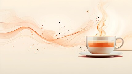 A steaming cup of coffee on a saucer, set against an abstract background.