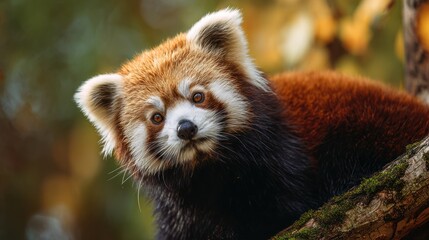 Close-up of a red panda resting on a branch.  A curious red panda,  furred in reddish-brown and white, gazes directly at the viewer.  Soft-focus background of out-of-focus foliage