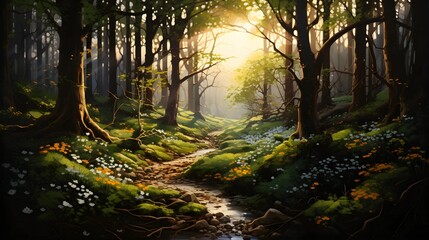 Fototapeta premium A sunlit forest path invites exploration, bathed in soft, warm sunlight and surrounded by lush greenery.