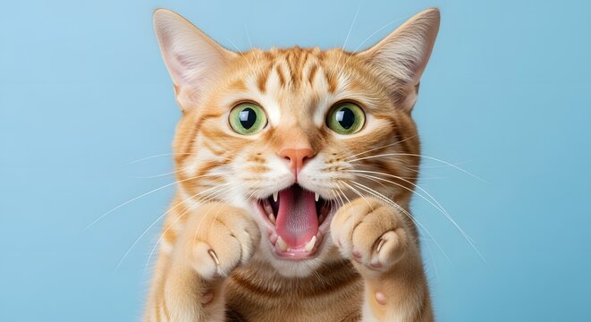 An astonished orange tabby cat with wide green eyes and an open mouth, captured in a closeup studio portrait against a vibrant blue background