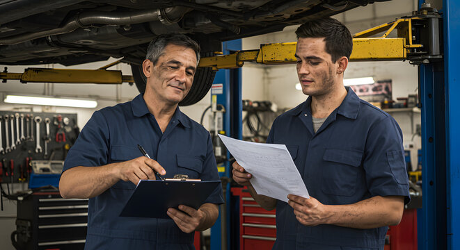 Experienced mechanic and apprentice discussing a car's repair plan, reviewing documents together in a garage.