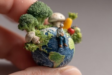 A tiny person representing the concept of saving the Earth by eating more vegetables, avoiding animal products, and adopting a healthy lifestyle.