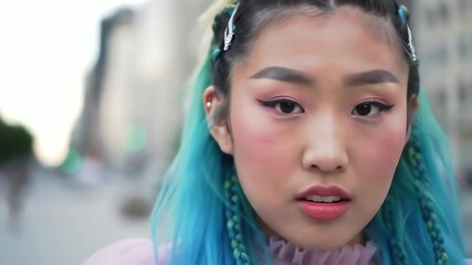 Close up portrait of a beautiful young Asian woman with vibrant blue hair and stylish makeup on a city street - Powered by Adobe