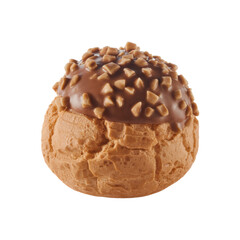 Indulgent Cream Puff Delight: Capturing the irresistible allure of a single, perfectly crafted cream puff, with a decadent chocolate glaze and a scattering of crunchy toppings.