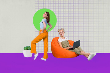 Exclusive magazine sketch collage image of happy businesswoman businessman stand office workplace tablet flower pot development