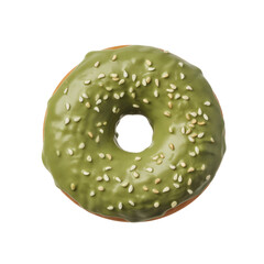 Matcha Doughnut Delight: A visually appealing matcha green doughnut is topped with a delightful sprinkling of sesame seeds. It is a treat for the eyes and the taste buds.